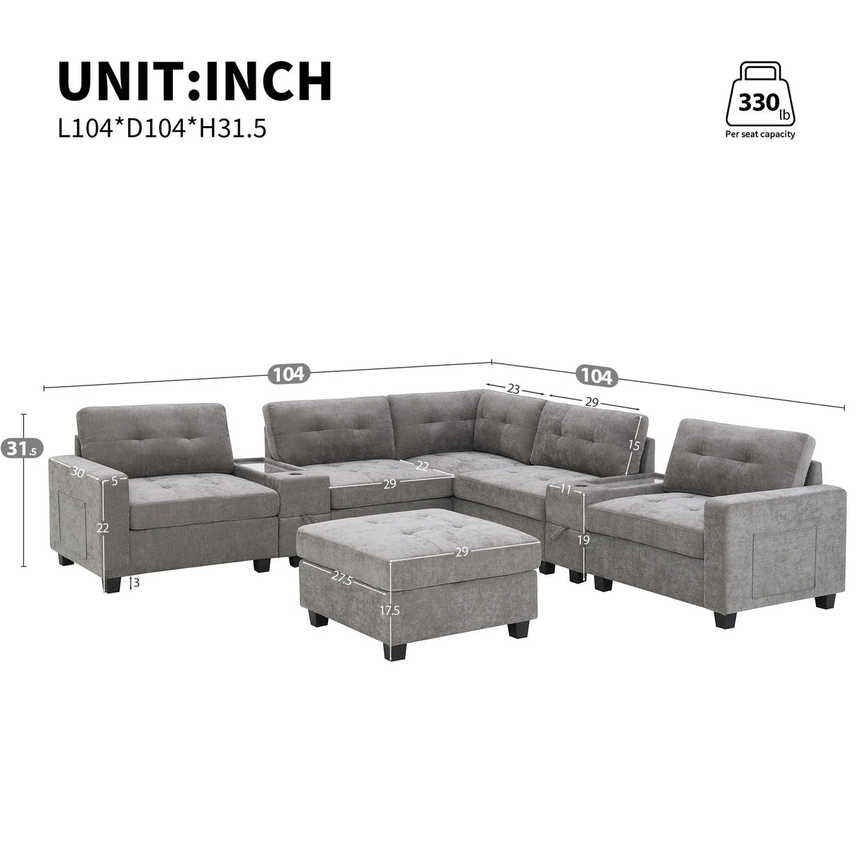 Sectional With Acrylic Table Top U Shaped Couch Set With 2 Consoles USB Charger, Storage Drawers And Pockets Movable Ottoman Tufted Sofa - Furniture Home Direct