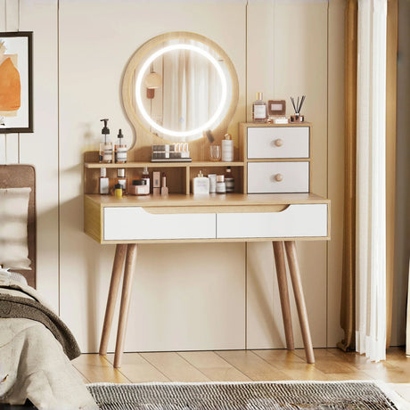 Vanity Desk With Lighted Mirror Modern Wood Finish White - Furniture Home Direct
