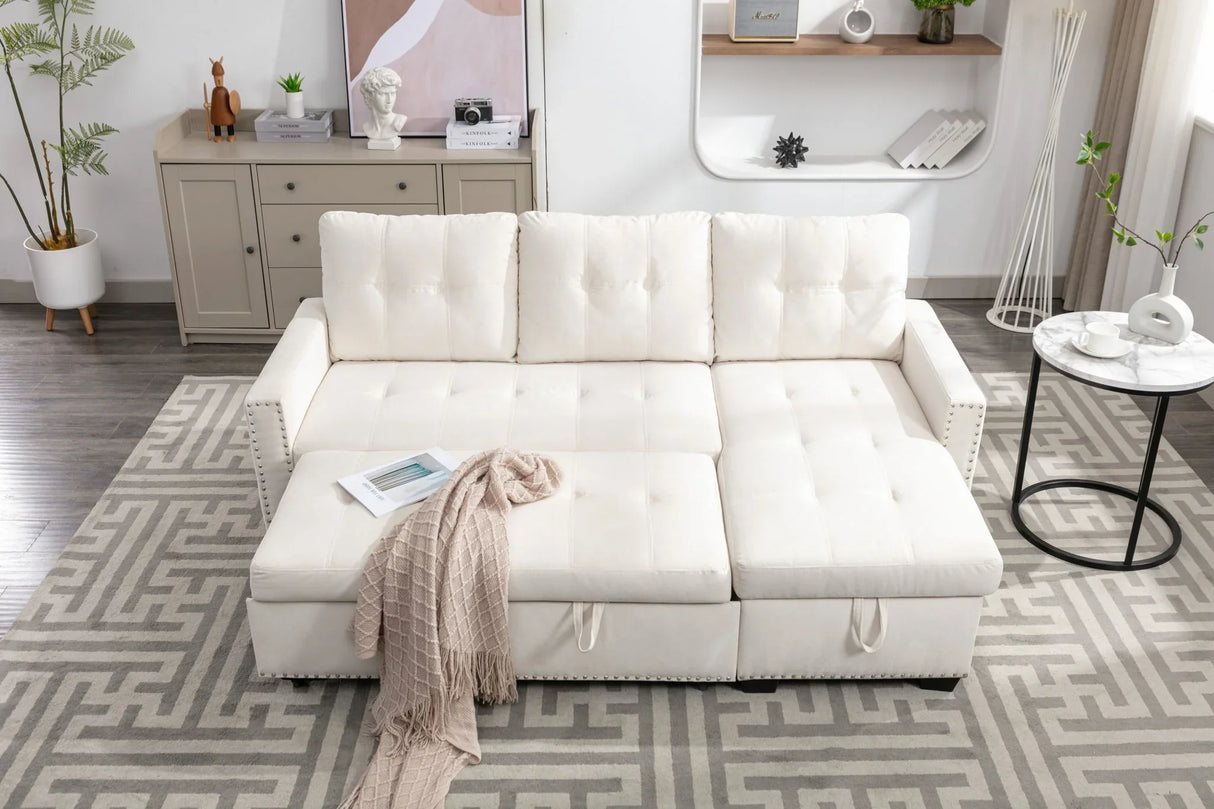 Reversible Sectional Storage Sleeper Sofa Bed, L-Shape 2 Seat Sectional Chaise With Storage, Skin-Feeling Velvet Fabric - Furniture Home Direct