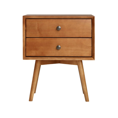 Mid Century Modern Double Drawer Nightstand - Caramel - Furniture Home Direct