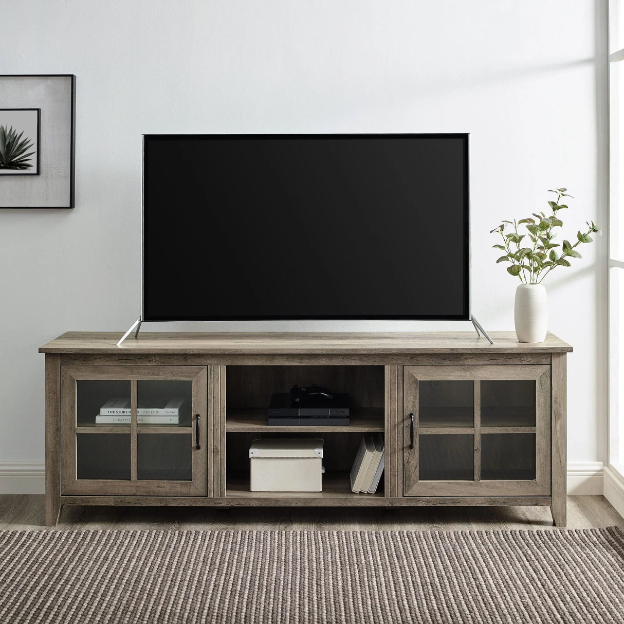 Modern Farmhouse 2 Door Glass Windowpane 70" TV Stand For 80" TVs - Furniture Home Direct