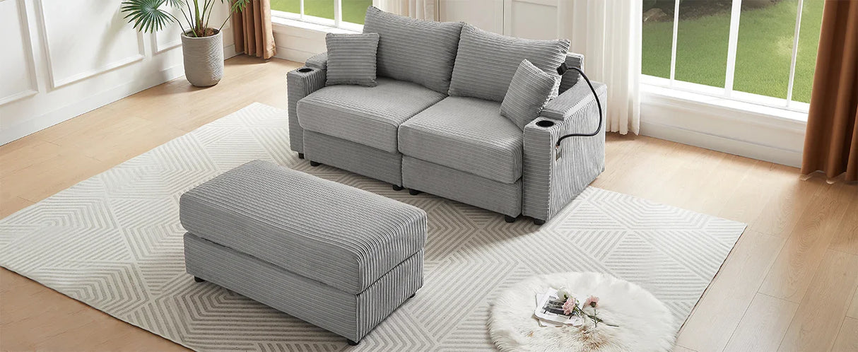 Modern Style Loveseat With Storage, Ottoman, Two USB Ports, Two Cup Holders and Phone Holder - Gray - Furniture Home Direct