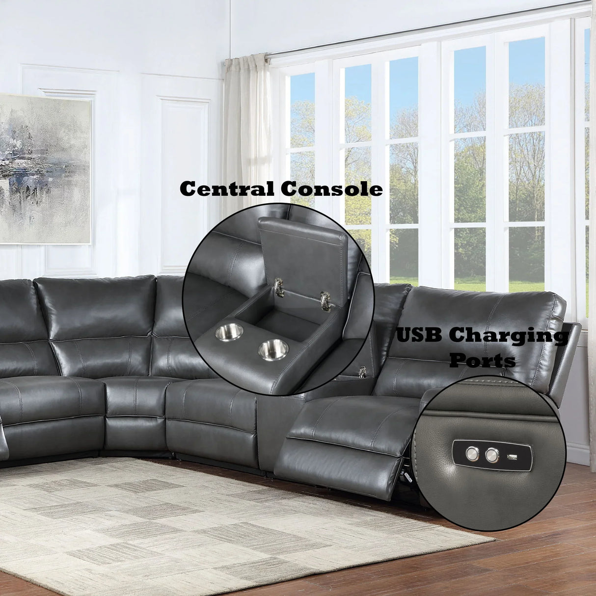 Saul - Power Recliner Sectional Sofa With USB Port Cupholder Console - Furniture Home Direct