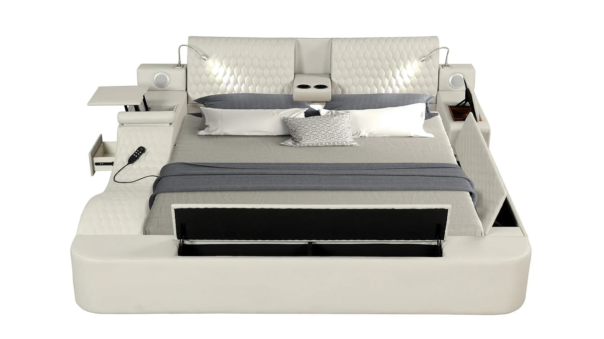 Queen Bed Upholstered Platform with Built in Lighting Beige - Furniture Home Direct