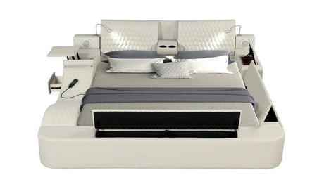 Queen Bed Upholstered Platform with Built in Lighting Beige - Furniture Home Direct