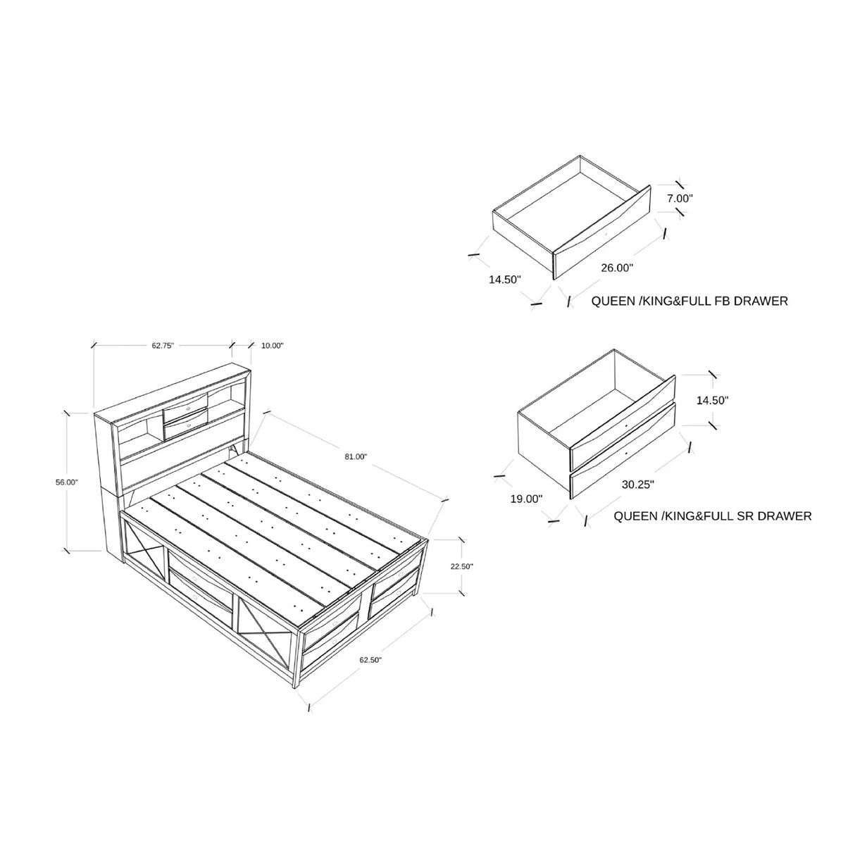 Lucille - 5 Piece Bedroom Set With Storage Drawers And Bookcase Headboard - Furniture Home Direct