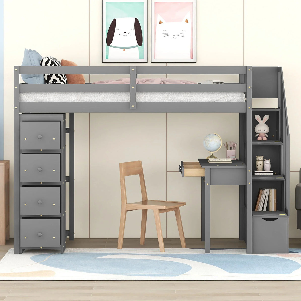 Loft Bed With Storage Drawers, Desk And Stairs With Shelves - Furniture Home Direct
