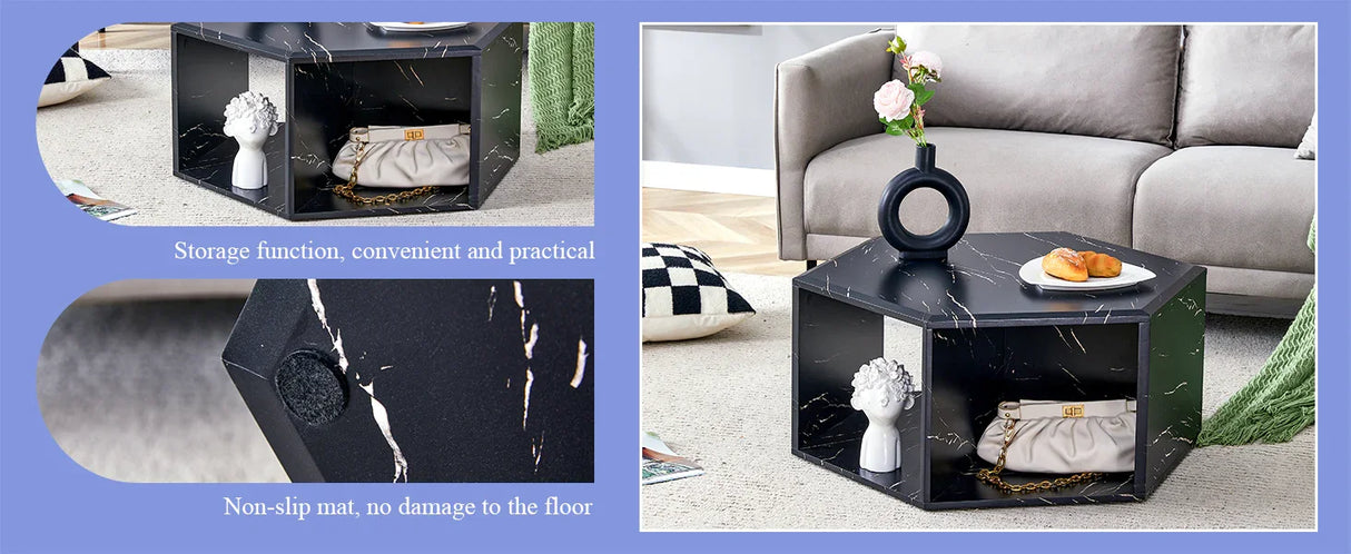 Coffee Table Hexagonal Textured Marble Look Accent Black - Furniture Home Direct