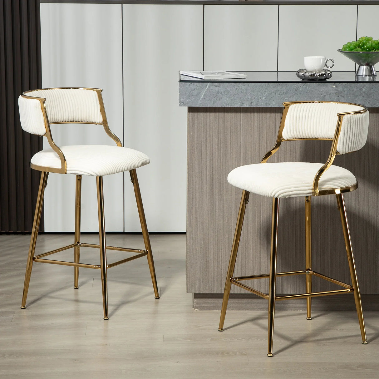 Counter Height Bar Stool Backrest Corduroy Upholstery Beige - Furniture Home Direct