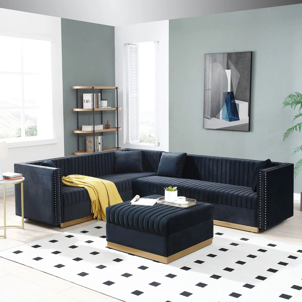 Contemporary Vertical Channel Tufted Velvet Sectional Sofa For Living Room Apartment With Ottoman And 4 Pillows - Furniture Home Direct