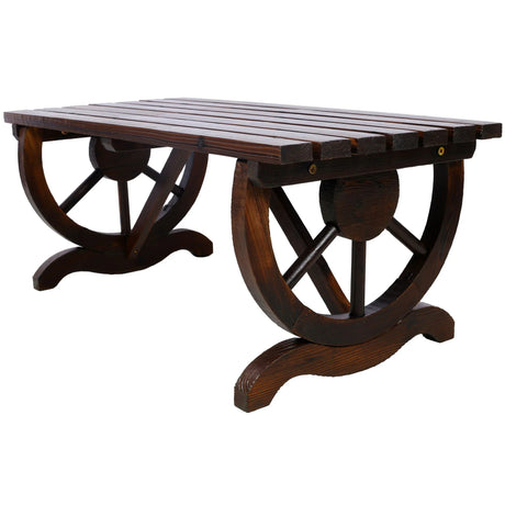 Rustic Wooden Bench With Wagon Wheel Legs For Garden And Patio - Brown - Furniture Home Direct