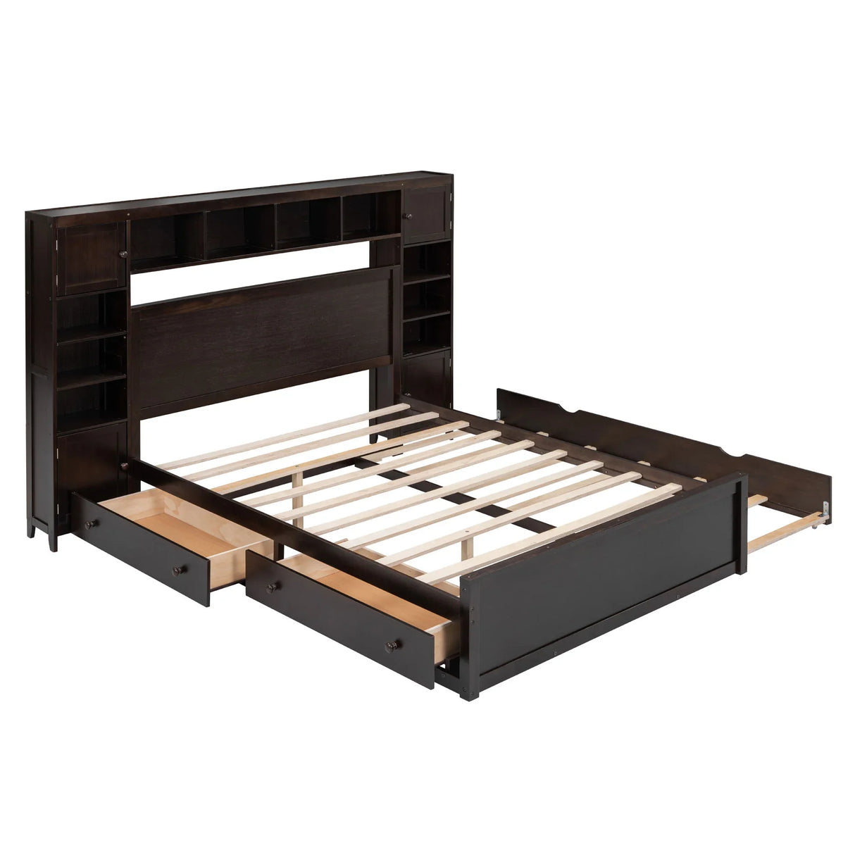 Bed With All In One Cabinet, Shelf And Sockets, Twin Long Trundle - Furniture Home Direct