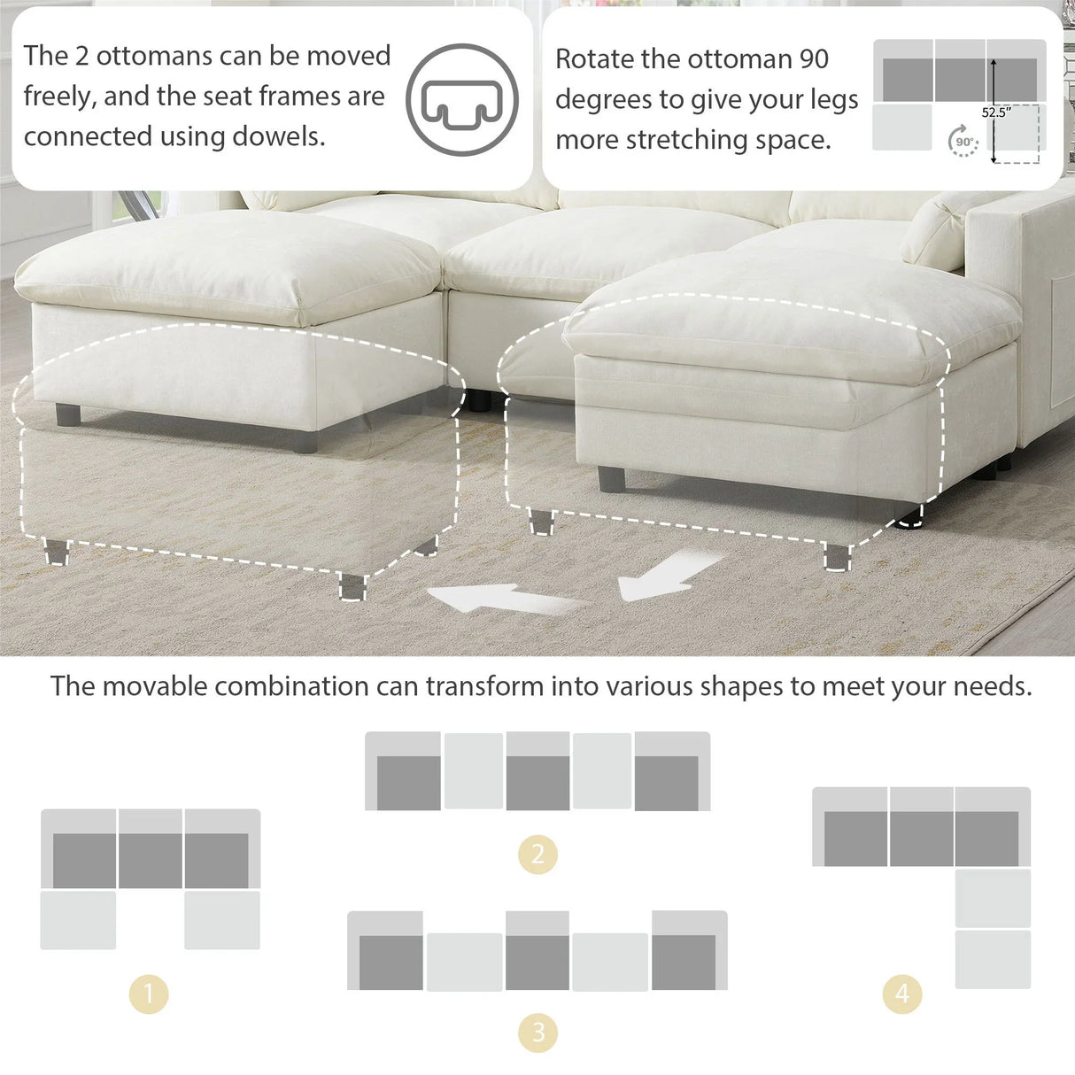 Modular Sectional With Storage Pockets, 5 Seat U Shaped Couch Set With Pillows, Free Combination Modern Cloud Sofa With 2 Movable Ottoman - Furniture Home Direct