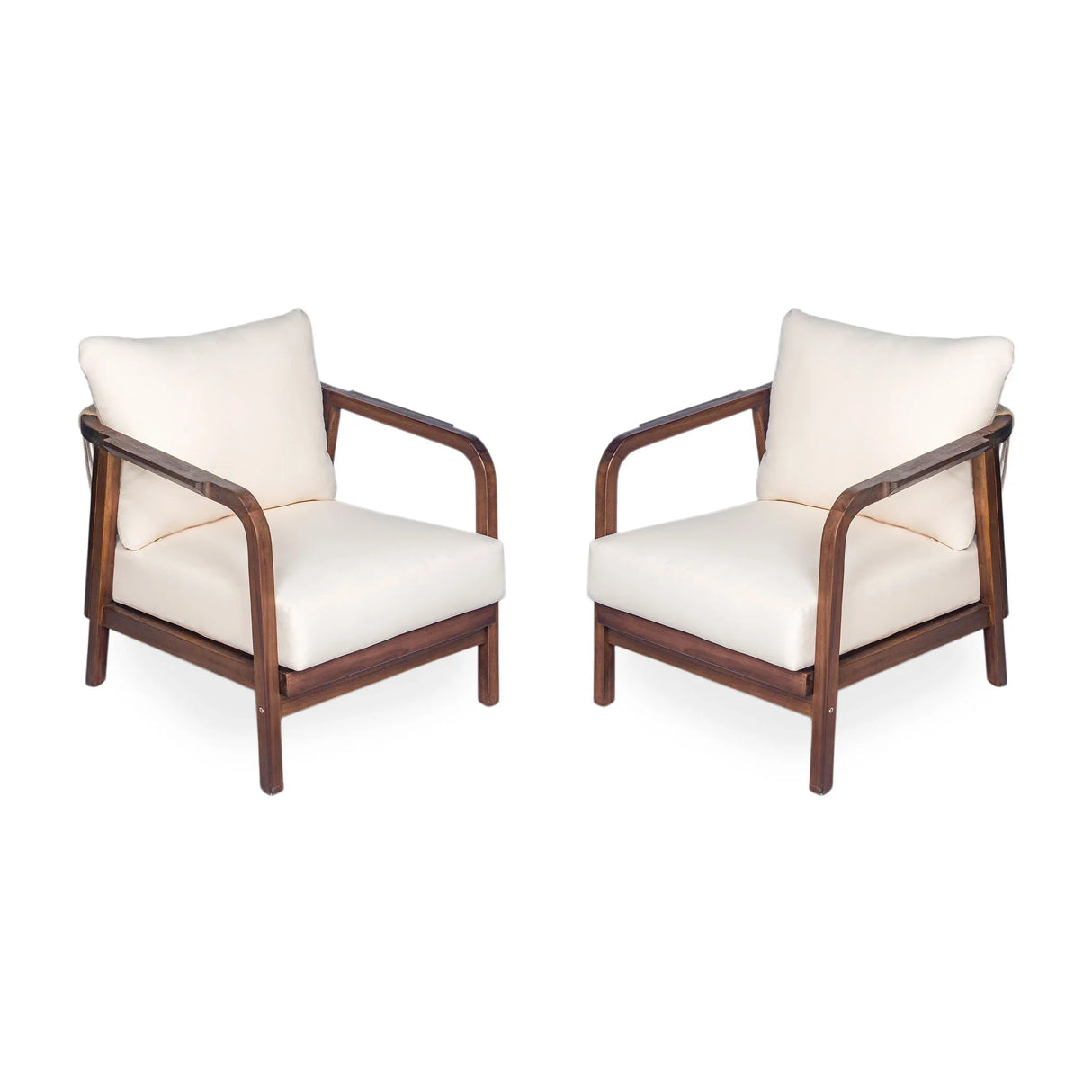 Outdoor Lounge Chair With Woven Backrest, Solid Wood Frame, Comfortable Cushions