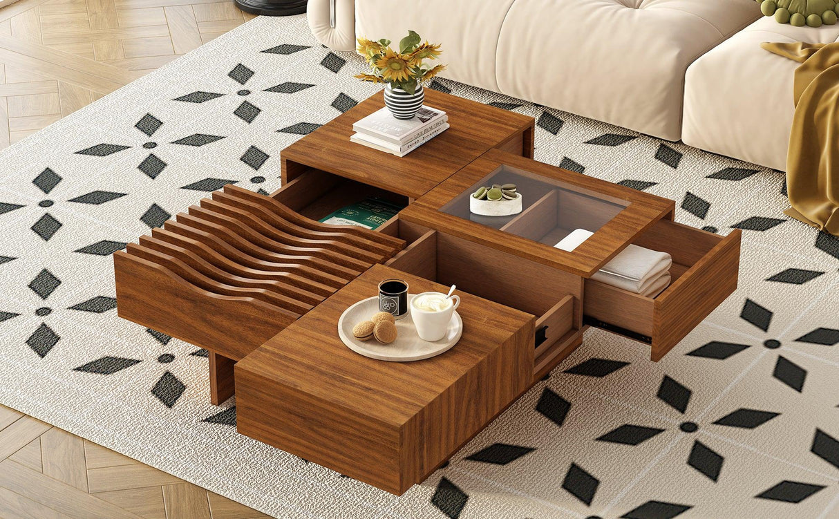 Coffee Table With Storage Drawers And Glass Top Brown - Furniture Home Direct