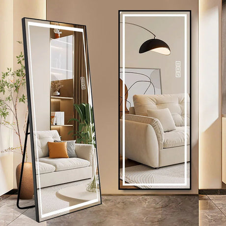 LED Mirror Full Length Mirror With Lights Wide Standing Tall Full Size Mirror For Bedroom Giant Full Body Mirror Large Floor Mirror With Lights Stand Up Dressing, Big Lighted Mirror - Black - Furniture Home Direct