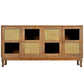 Retro Industrial 4 Door Sideboard With Large Storage, Rattan And Glass Doors - Furniture Home Direct