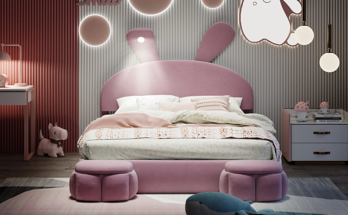 Full Size Upholstered Platform Bed with Cartoon Ears Shaped Headboard and Light, Pink - Furniture Home Direct