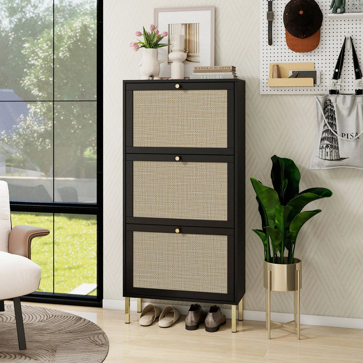 Modern Rattan 3 Door Shoe Rack Cabinet For Entryway - Furniture Home Direct