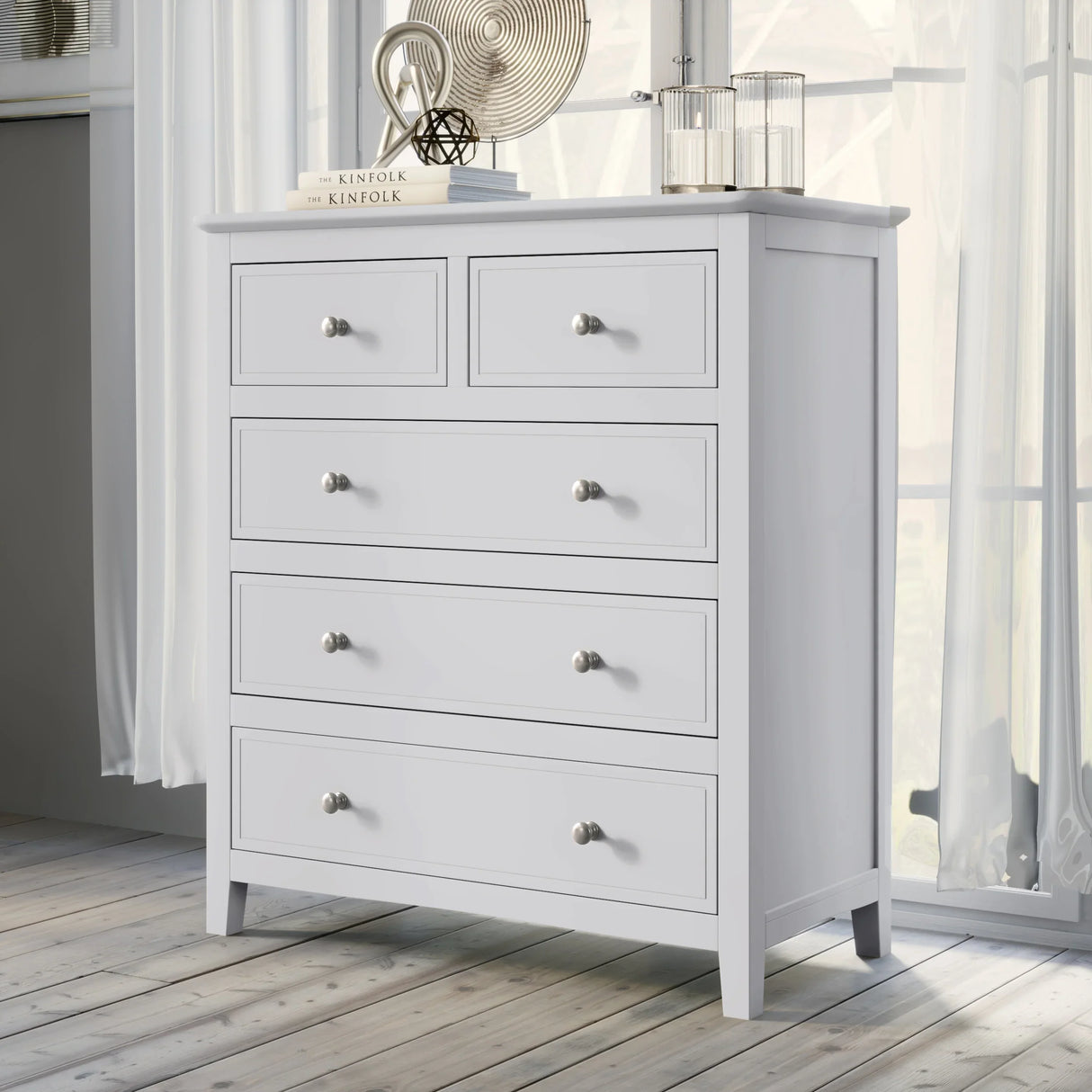 White Solid Wood 5 Piece Queen Bedroom Set(bed, 2 nightstands,chest,dresser) - Furniture Home Direct