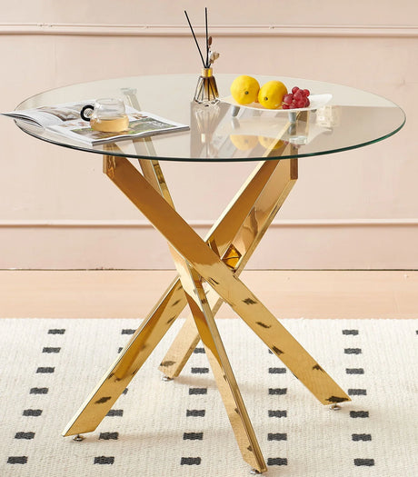 Dining Table With Cross Metal Leg And Tempered Glass, Modern Space Saving Kitchen Table For Living Room - Furniture Home Direct