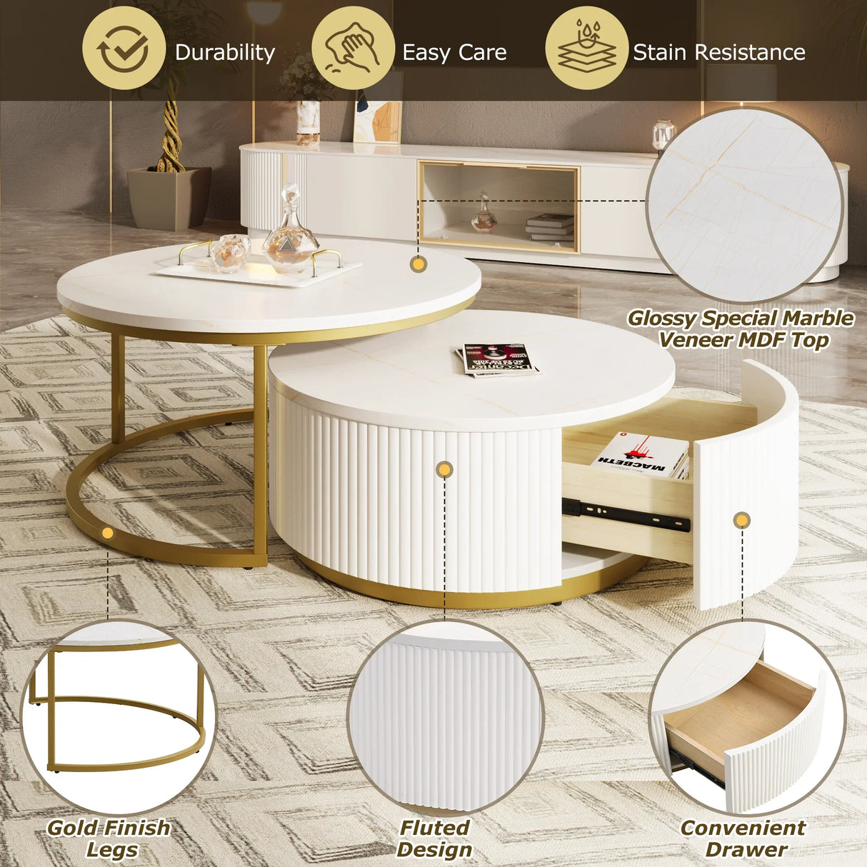 Round Nesting Coffee Table Fluted Drawer Gold and White - Furniture Home Direct