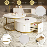 Round Nesting Coffee Table Fluted Drawer Gold and White - Furniture Home Direct