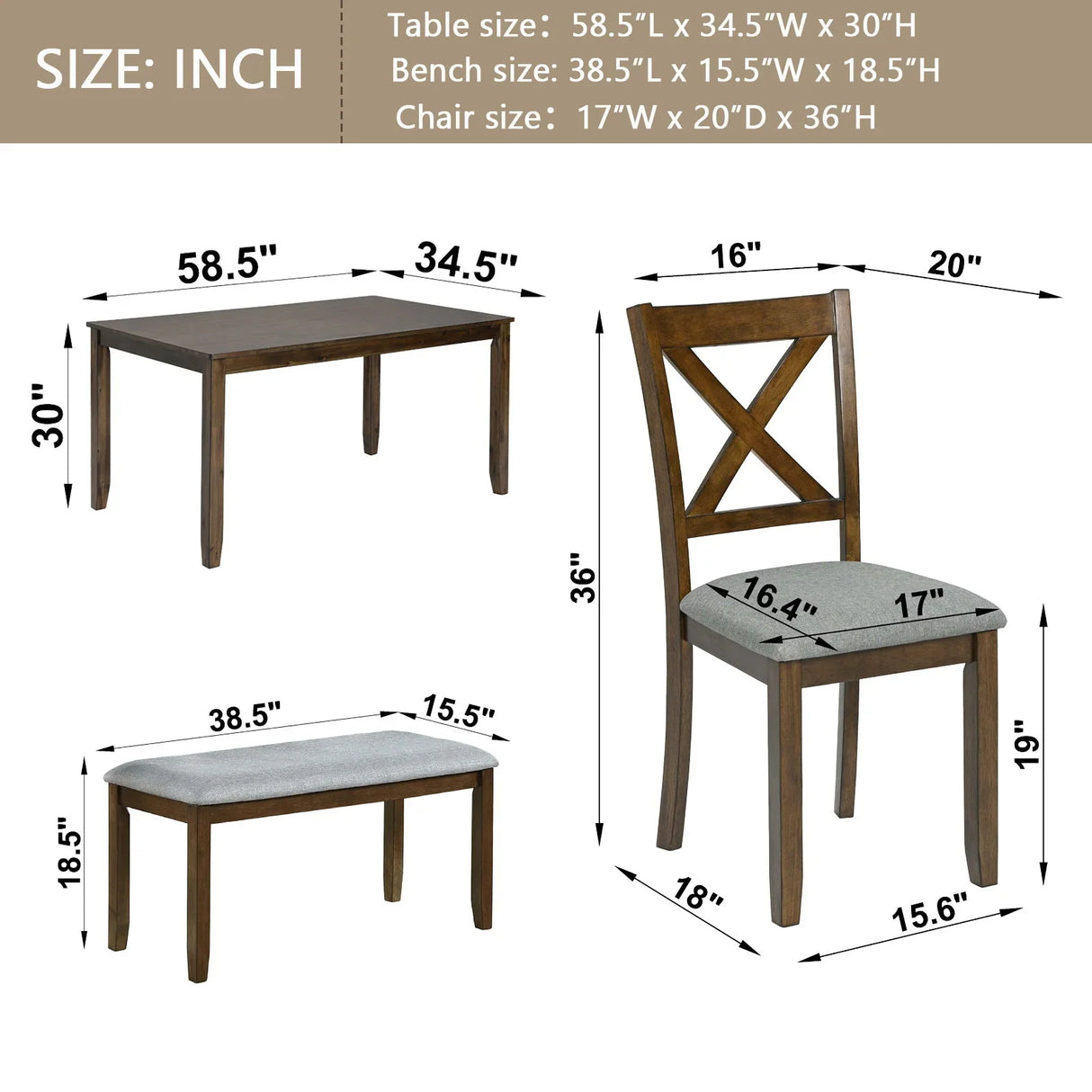6 Pieces Kitchen Dining Set, Rectangular Wooden Dining Table With 4 Chairs And A Bench - Furniture Home Direct