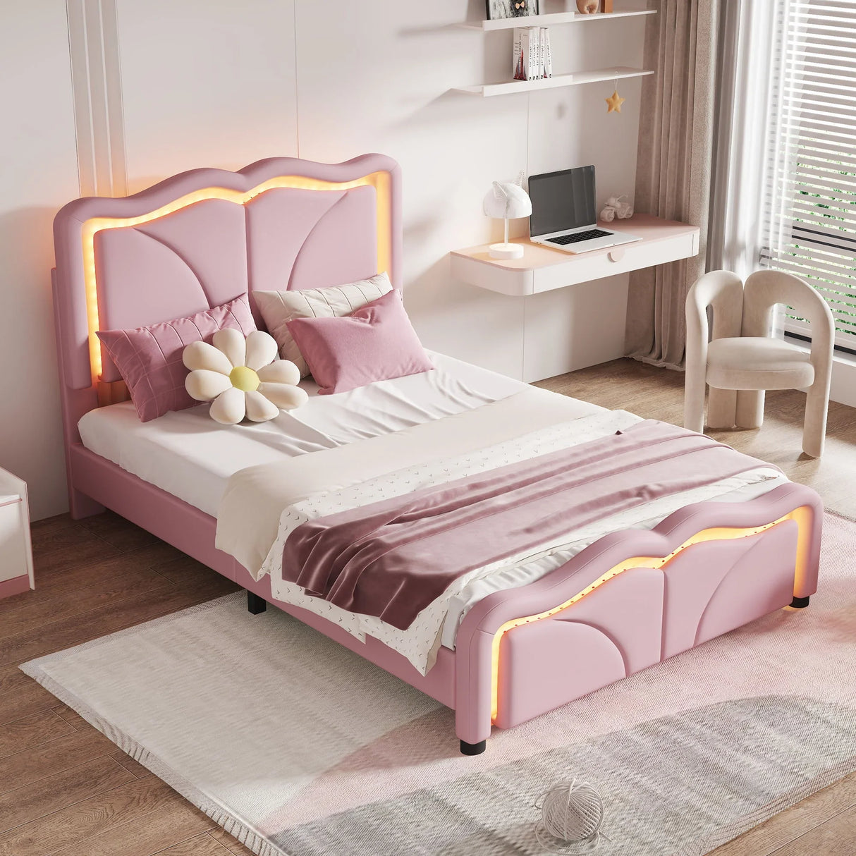 Upholstered Platform Bed & Curve Shaped And Height Adjustable Headboard, LED Light Strips - Furniture Home Direct