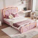 Upholstered Platform Bed & Curve Shaped And Height Adjustable Headboard, LED Light Strips - Furniture Home Direct