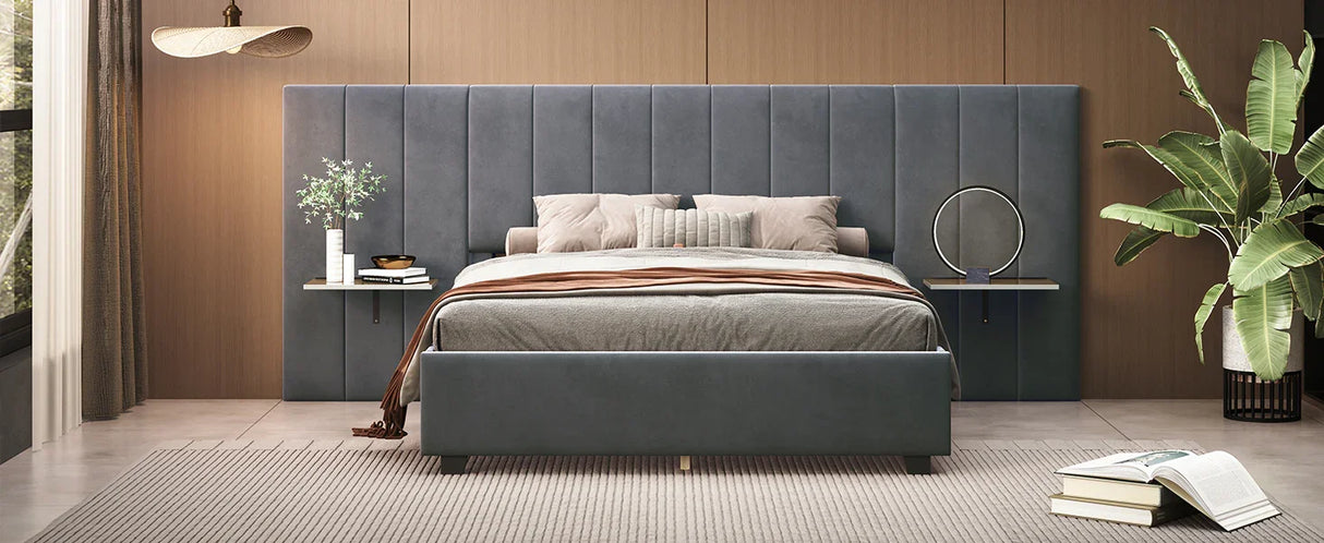 Queen Bed Upholstered Platform With Tall Headboard Gray - Furniture Home Direct