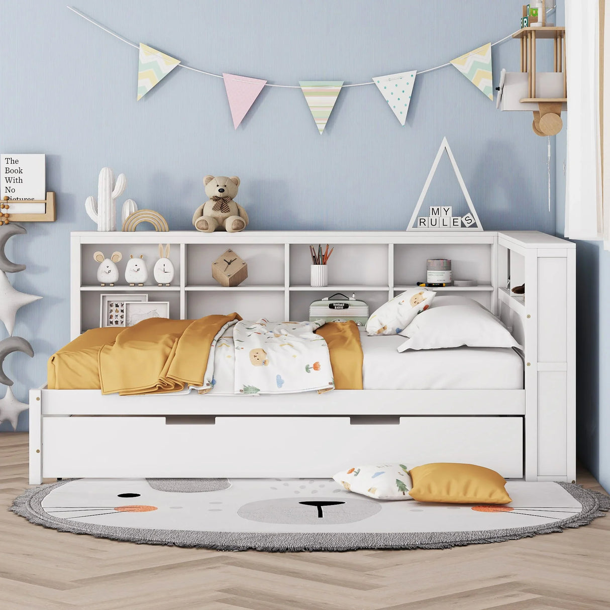 Wooden Full Size Daybed With Twin Size Trundle, Daybed With Storage Shelf And USB Charging Ports - White - Furniture Home Direct