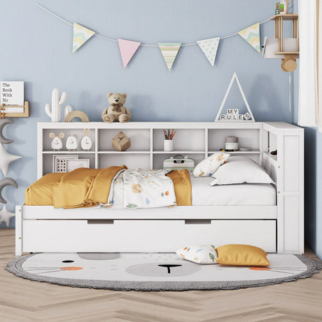 Wooden Full Size Daybed With Twin Size Trundle, Daybed With Storage Shelf And USB Charging Ports - White - Furniture Home Direct