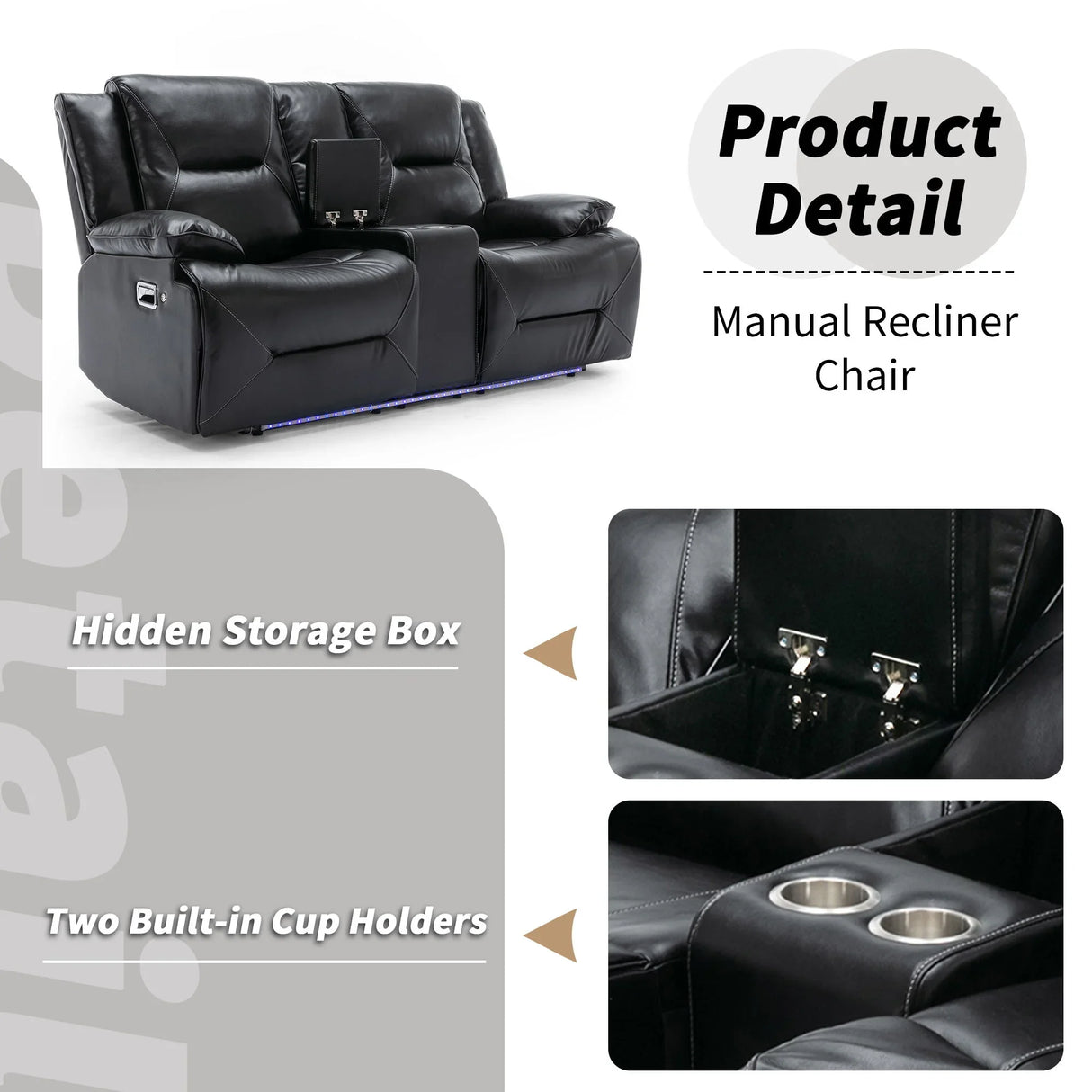 2 Seater Home Theater Recliner Manual Recliner Chair With A LED Light Strip Two Cup Holders And A Storage Box For Living Room - Furniture Home Direct