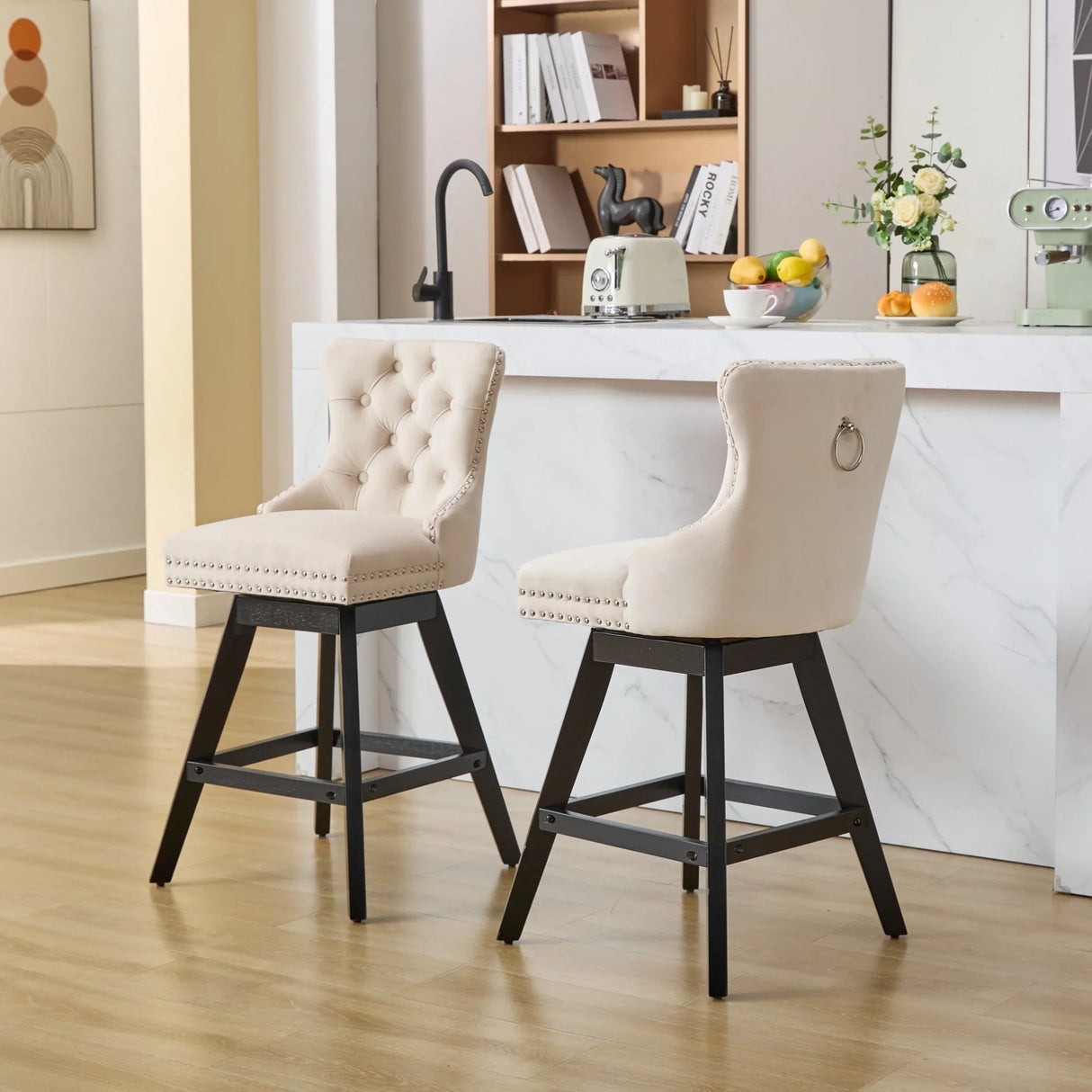 Bar Stools Counter Height Velvet Upholstered Set of 2 Beige - Furniture Home Direct
