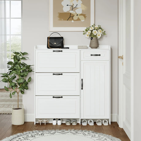 Shoe Cabinet With 4 Doors 1 Drawers, PVC Door With Shape, Large Space For Storage - White - Furniture Home Direct