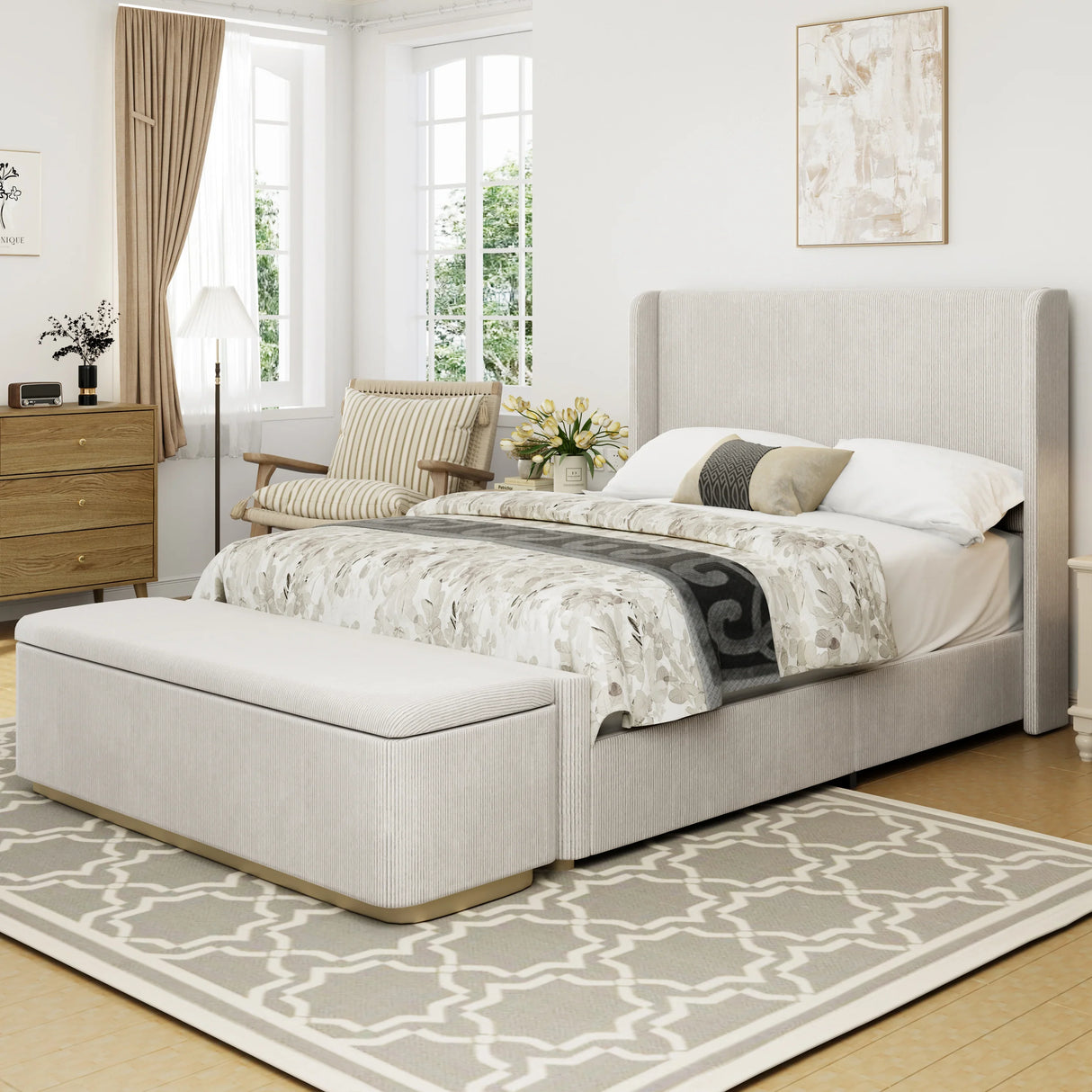 King Bed Corduroy Upholstered Storage Ottoman Light Grey - Furniture Home Direct