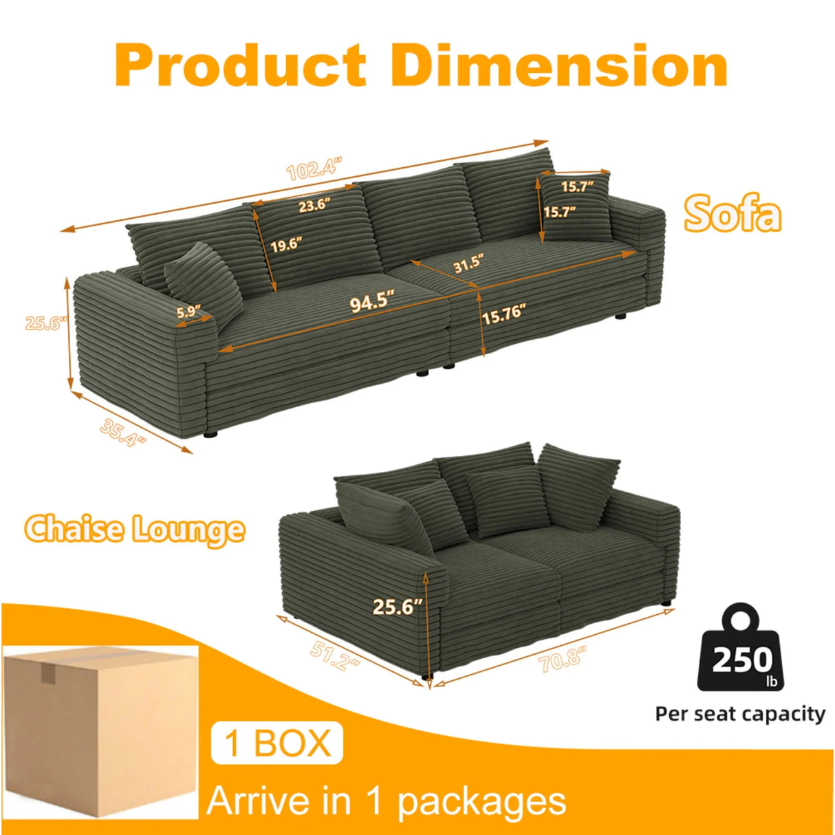 Plush Corduroy 4 Seat Sofa, Modern Comfy Upholstered Sofa Cloud Couch, Deep Seat Couches With Soft Pillows - Furniture Home Direct