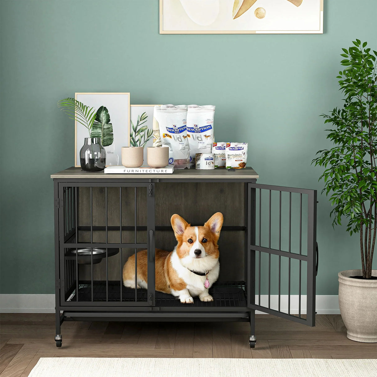 Modern Kennel Dogs Room Up To 60 Lb, Dog Crate Furniture With Multi-Purpose Rremovable Ttray, Double-Door Dog House, Lift Panel, 360 Degree Rotation, 3 Height Adjustable Feeding Bowls - Furniture Home Direct