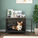 Modern Kennel Dogs Room Up To 60 Lb, Dog Crate Furniture With Multi-Purpose Rremovable Ttray, Double-Door Dog House, Lift Panel, 360 Degree Rotation, 3 Height Adjustable Feeding Bowls - Furniture Home Direct