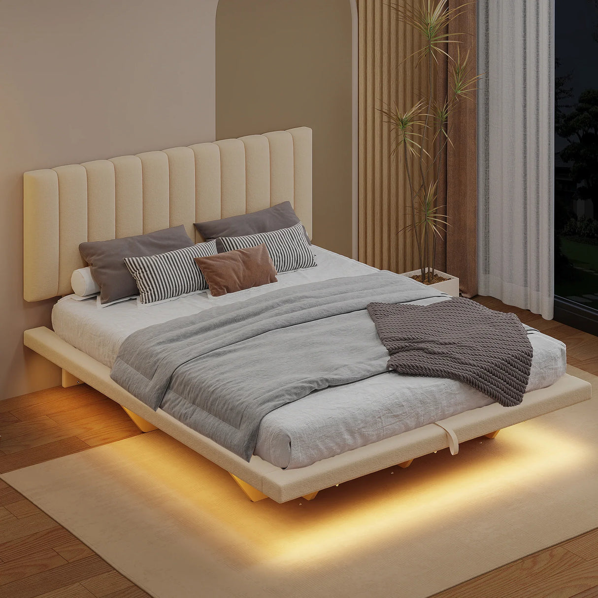Queen Bed With Upholstered Storage And LED Lighting Beige - Furniture Home Direct