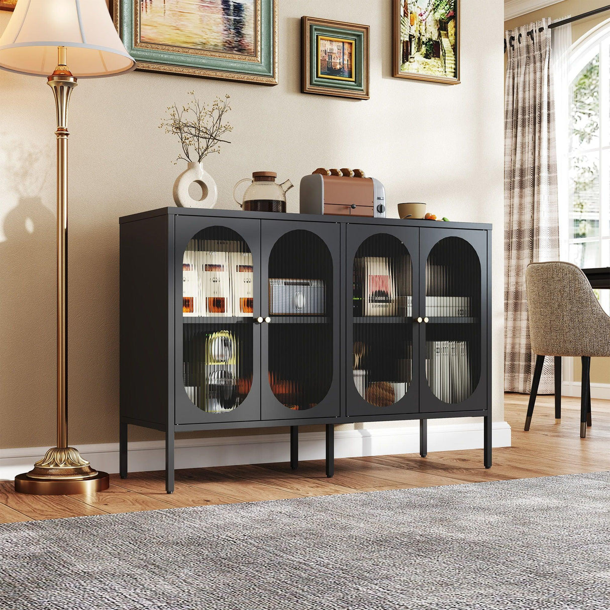 Modern Metal Sideboard Cabinet With 4 Glass Doors, Steel Kitchen Storage And Coffee Bar Cabinet - Black - Furniture Home Direct