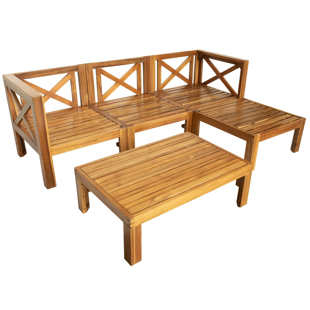 Outdoor 5-Piece Sectional Set with Cushions, Natural Finish+ Beige Cushions - Furniture Home Direct