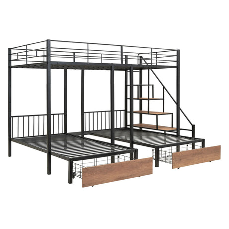 Full Over Twin-Twin Triple Bunk Bed With Drawers And Staircase - Black - Furniture Home Direct