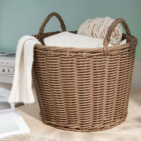 Round Cone Woven Resin Wicker Basket With Handles For Versatile Storage - Walnut Brown - Furniture Home Direct