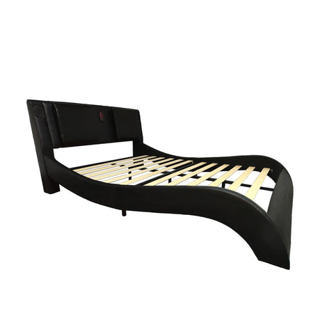 Upholstered Platform Bed Frame With LED Lighting, Bluetooth Connection To Play Music Control, Backrest Vibration Massage, Curve Design, Wood Slat Support, Exhibited Speakers - Furniture Home Direct
