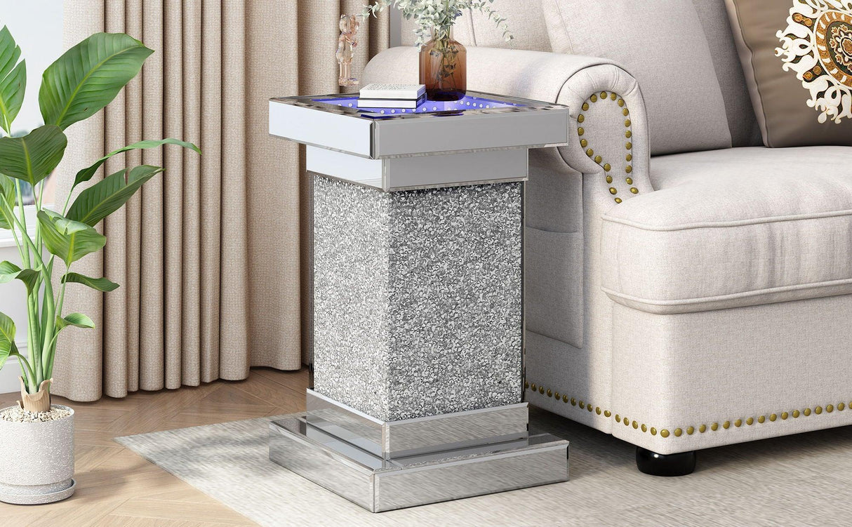 Square Mirrored End Table With Led Lights, Modern Side Table With Crystal Inlay For Living Room - Furniture Home Direct