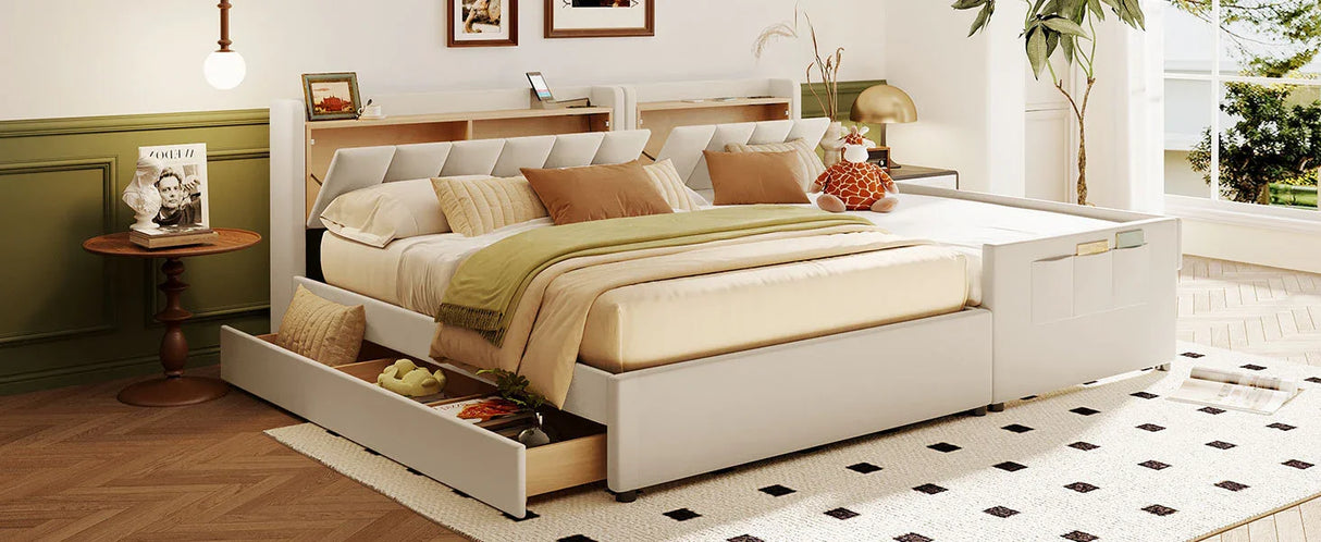 Platform Bed With Storage Drawers And USB Ports Beige - Furniture Home Direct
