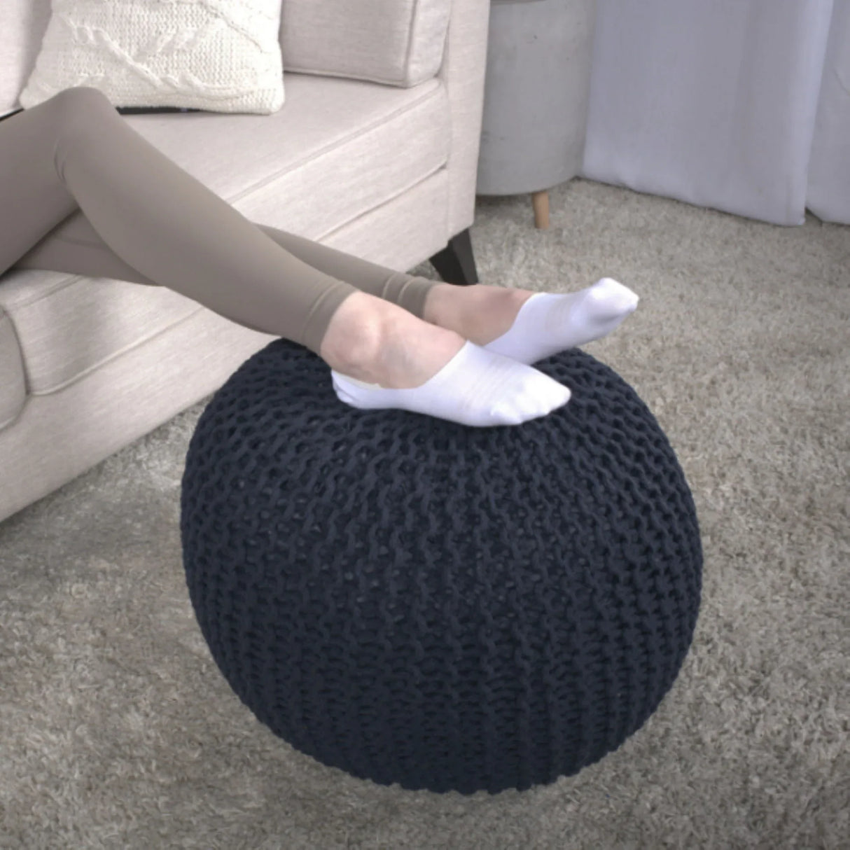 Bordeaux - Knitted Cotton Round Pouf Ottoman, Floor Cushion - Furniture Home Direct