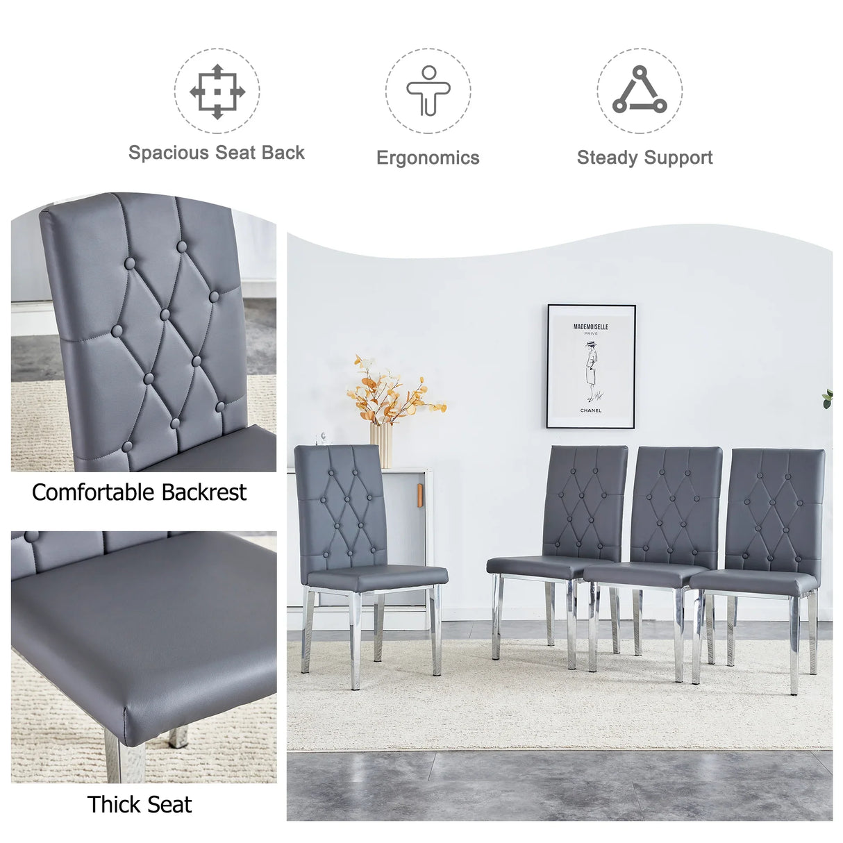 Dining Chairs Tufted Back Chrome Legs Charcoal Gray - Furniture Home Direct